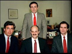 U.S. Attorney Rudolf Giuliani stands with his prosecutors, from left to right, John Savarese, Michael Chertoff, lead prosecutor, and Gil Childers on Jan. 13, 1987 in New York. (AP Photo/Mario Suriani) -- cryptome.org/eyeball/chert/chert-eyeball.htm