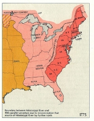 In 1775, the British claimed authority over the red and pink areas on this map and Spain ruled the orange. The red area is the area of the thirteen colonies open to settlement after the Proclamation of 1763.