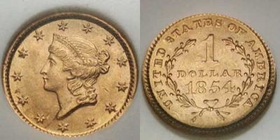 The U.S. 1854 (Type I) Liberty Head Gold Dollar, the first gold dollar minted in America by the authority of Congress