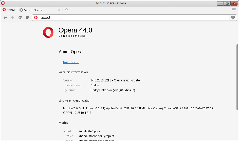 Opera 44.0.2510.1218 Version screen on Mandriva 2011 x86_64
